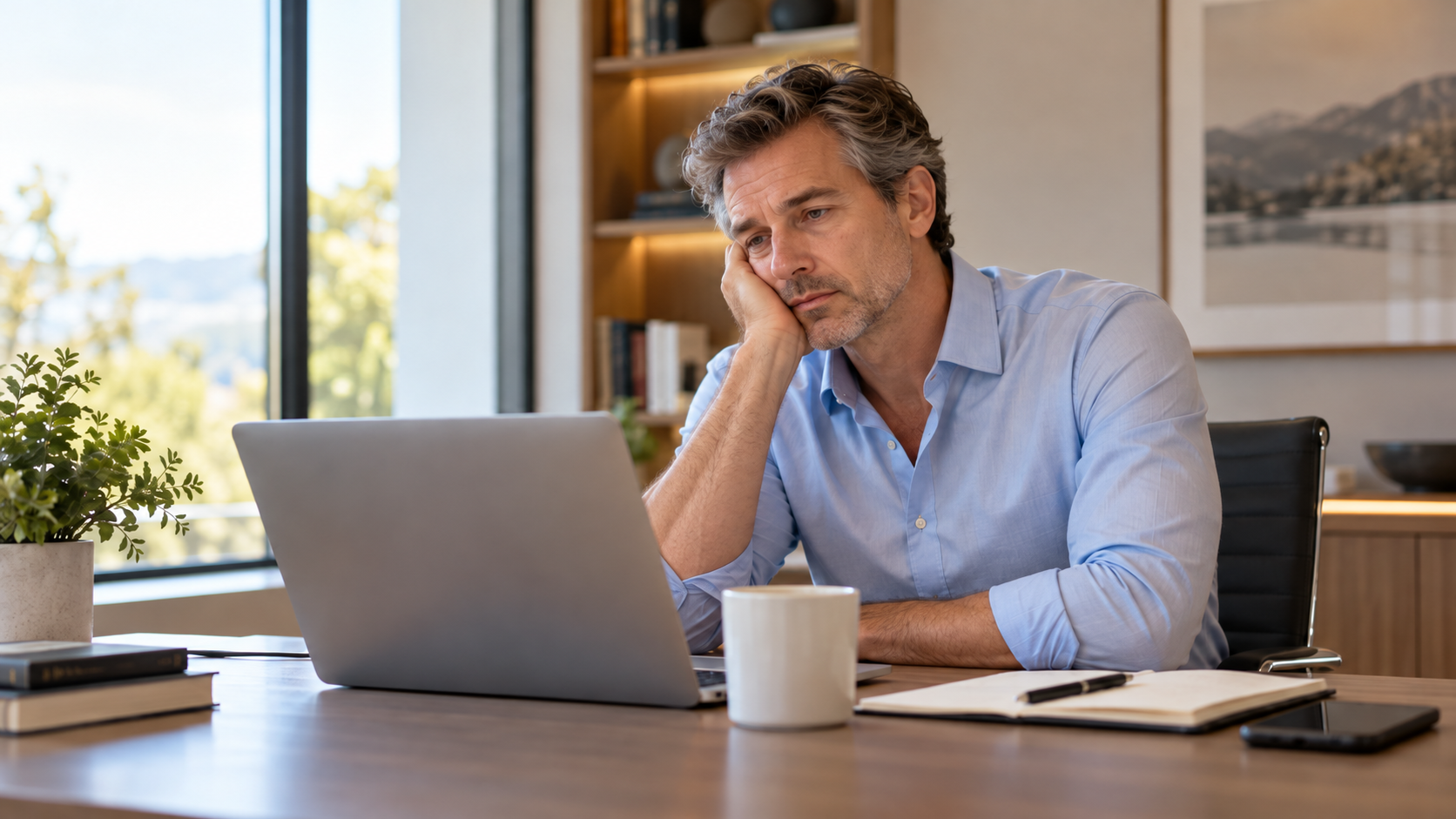 Man resting his head on his hand while looking at a laptop.