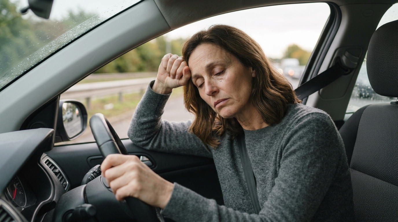 Woman with eyes closed resting her head on her hand in the driver’s seat.